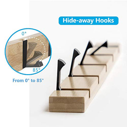 JSVER Wooden Coat Hooks Coat Rack Wall Mounted, Modern Coat Rack, Space-Saving Coat Hook with 4 Standard Retractable Hooks Hat Coat Hook for Entryway, Hallway, Bathroom, Living Room, Bedroom - size: 15.8 Inch 4 Hooks