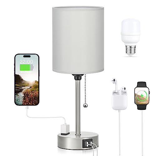 Dicoool Grey Bedroom Lamp for Nightstand - 3 Color Temperature Table Lamp with USB C and A Ports, Pull Chain Bedside Lamp with AC Outlet, Desk Lamp with Silver Metal Base for Kids Girls - color: Grey-Silver, size: 14.6 in