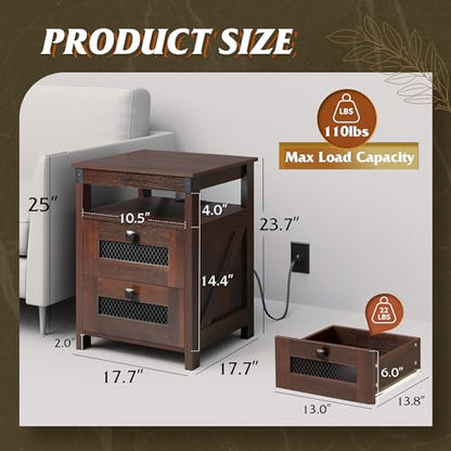WLIVE Nightstand with Charging Station, Farmhouse End Table, Bed Side Table with 2 Storage Drawers and Open Shelf, Wood Rustic Nightstands for Bedroom, Espresso | Charging Station(2AC+2USB), Farmhouse Design (Cut-out Grills)，Storage(2 Drawers +1 Shelf), E