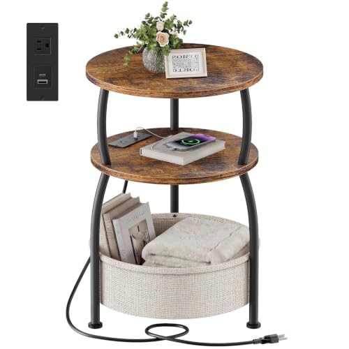 Round Side Table with Charging Station, USB Type C Port, Brown | Small Table with Basket, 3 Tiers Sofa Couch Table, Bedside Table for Living Room Bedroom, Garden,Small Spaces, 15.75in - color: Rustic Brown, size: 15.75" Dia with Power Strip