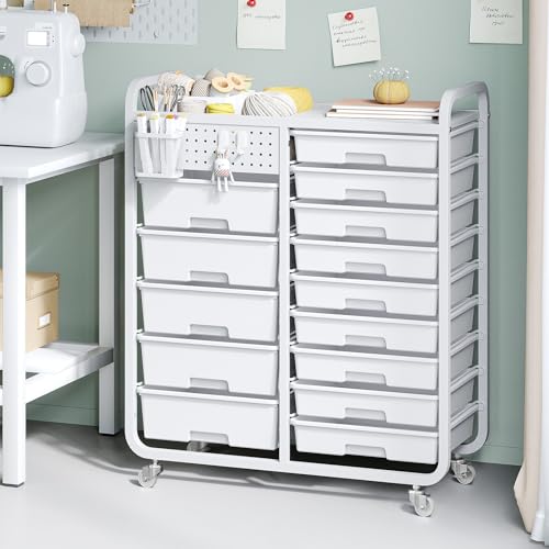14-Drawers Rolling Storage Cart with Tabletop & Pegboard, Multi-Purpose Utility Organizer Cart for Home, Classroom, Office, Dorm & Bedroom