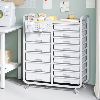14-Drawers Rolling Storage Cart with Tabletop & Pegboard, Multi-Purpose Utility Organizer Cart for Home, Classroom, Office, Dorm & Bedroom