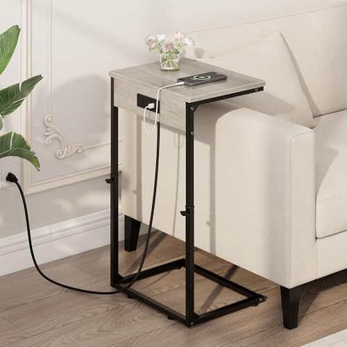 Vagusicc C Shaped End Tables Set of 2 with Charging Station, 33.2'' Tall C Table Adjustable Height Side Table, Small Side Table for Small Spaces, Couch Sofa Table TV Tray for Living Room, Greige - color: Greige (2 Pack), style: With Plug