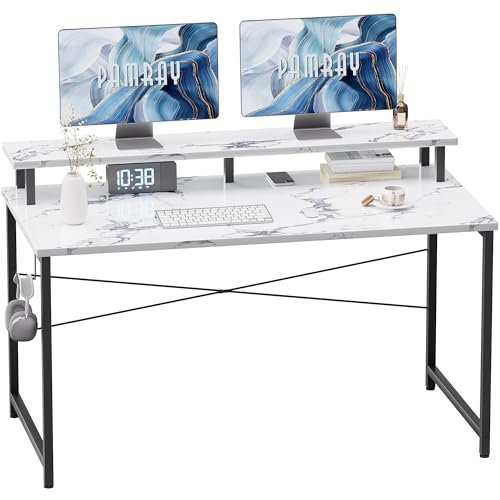 Pamray 47 Inch Small Computer Desk with Monitor Stand, Simple Office Desk with Headphone Hook for Small Spaces, Kids Study Writing Table for Bedroom, Marble - color: Marble, size: 47 Inch
