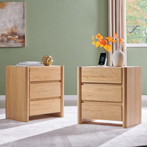 25" Tall Modern Nightstand Set of 2, 23.6" W Night Stand with Charging Station & 3 Handleless Storage Drawers, Wood Nightstands w/Rounded Corner Design for Bedroom (Natural) - color: Natural, size: 3 Drawers