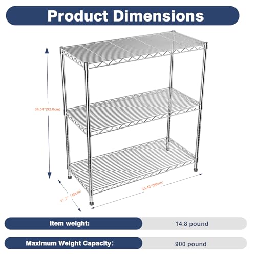 Adjustable 3-Tier Metal Wire Shelves on Wheels,35.4x17.7 x36.5(WxDxH) | Heavy Duty Standing Storage Rack with Lockable Wheels, Wire Shelving Unit for Garage, Kitchen, Office, Pantry,Laundry - color: 3-tier Chrome-35.4"x17.7" X36.5"(wxdxh)