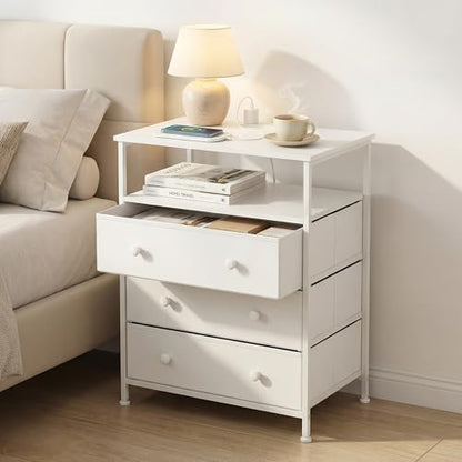 3-Drawer LED Nightstand Set 2 with Charging Station, White | Engineered Wood and Steel, 2 AC and 2 USB ports, 24 Inch Wide, RGB App Control, Fabric Drawers, Open Storage Shelf - color: White, 2 Pack
