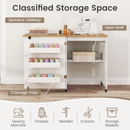 DREAMADE Folding Sewing Table with Storage, Craft Table w/Charging Station, 5 Lockable Wheels, Storage Bins & Shelf, Sewing Machine Desk for Home Office, Apartment, Studio (White & Natural) - color: White & Natural