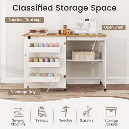 DREAMADE Folding Sewing Table with Storage, Craft Table w/Charging Station, 5 Lockable Wheels, Storage Bins & Shelf, Sewing Machine Desk for Home Office, Apartment, Studio (White & Natural) - color: White & Natural