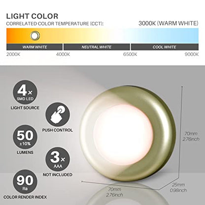 STAR-SPANGLED 5 Pack 2.8” Push Tap Lights, Stick on Touch Puck Lights AAA Battery Operated, LED Sticky Button Lamps for Classroom, Kitchen, Under Cabinet, Closet (Golden, Warm White) - color: Golden - Warm White