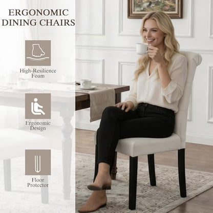 LSSBOUGHT Upholstered Dining Chairs Set of 2,Tufted Parsons Kitchen Chair with Solid Wood Legs, Modern Towel Fabric Side Chair for Dining Room/Restaurant(2pcs,Beige) - color: Beige-fabric, size: Set of 2