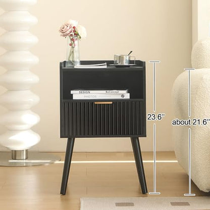 AWASEN Black Fluted Nightstand Set of 2, Modern Bedside Table Set of 2 with Storage Drawers, Small Nightstand Bed Side Table with Solid Wood for Living Room, Bedroom, Office and Small Spaces (Black) - color: Black Set of 2