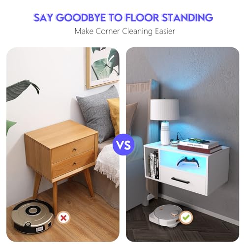 Homaterial Floating Nightstand with Charging Station and LED Lights, Floating Bedside Table with Drawers Wall Mounted Nightstands,for Bedroom Room, 21.3" x 11.8" x 10",White - color: White