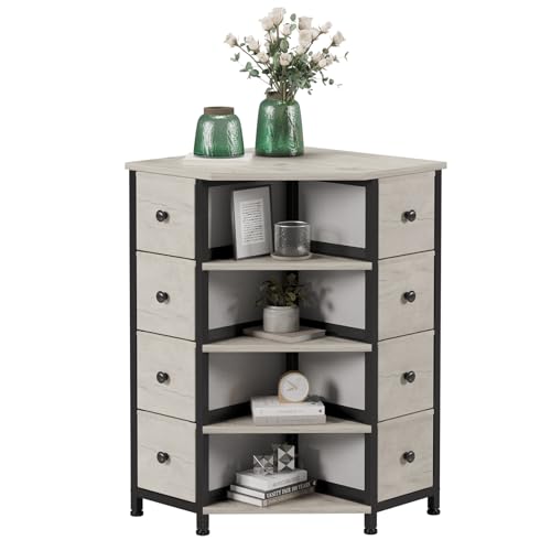 LUMTOK 8 Drawers Corner Dresser with Fabric Drawers and Shelf for Bedroom | Greige Corner dresser with wooden top&4 open shelves,Corner shelf with fabric drawers&Steel Frame for Living Room,Closet - color: Greige