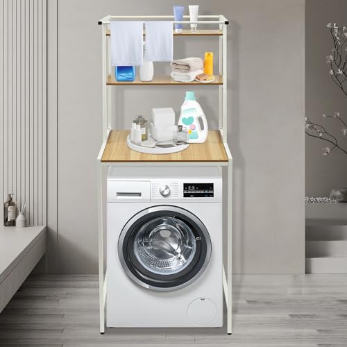 Over Washer and Dryer Shelves,Dryer Storage Shelf,3 Tiers Laundry Room Storage and Organizer Standing Shelf,Height Adjustable Laundry Room Shelves, Load-Bearing Capacity 22lbs (Log) - color: Log