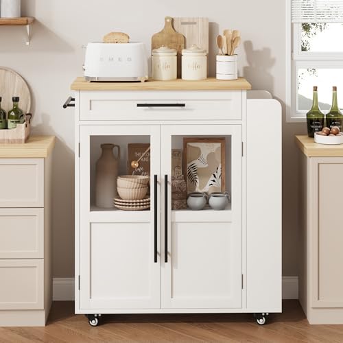 Garvee 36 in Kitchen Island Cart with Solid Wood Top - Farmhouse Mobile Storage Cart with Drawer, 3-Tier Shelves & Locking Wheels for Small Kitchens (White & Natural)