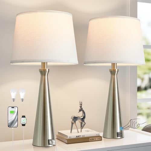Seealle Modern Table Lamps Set of 2 - Touch Bedside Lamp for Nightstand with Dual USB C+A,3-Way Dimmable Silver Nightstand Lamps for Living Room Bedroom End Table with White Shade(Bulb Included) - color: C. Silver-White