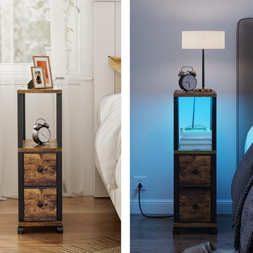 TUTOTAK Small Narrow End Tables, LED Side Tables with 2 Fabric Drawers, Set of 2, Bedside Tables with Charging Station for Small Spaces, Slim Nightstands with USB Ports and Wheels, TB01BB053CL - color: Brown and Black, style: with LED Light & Outlets