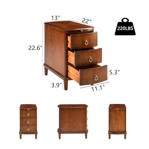 Solid Wood End Table with 3 Drawers and Slide-Out Coffee Tray | Cherry Red American Beside Table, Sofa Chair Side Table Nightstand for Living Room Bedroom, Rustic Wood Grain Accent Table - size: 22.6" Wood End Table