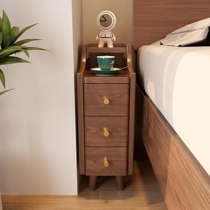 Solid Wood Narrow Nightstand with Drawers,Walnut Nightstand Wood Bedside Table Modern for Bedroom,Study,Toilet - color: Walnut, size: 15.75"D x 7.87"W x 23.62"H(3 Drawers)
