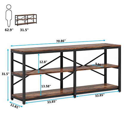 Tribesigns 70.9 Inch Extra Long Console Table, Modern Sofa Table Behind Couch Table with Storage Shelves, 3-Tier Industrial Hallway Entryway Table for Living Room, 3 Shelf Bookshelf(Brown) - color: Brown
