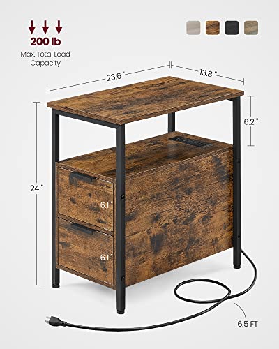 VASAGLE Side End Table with Charging Station, Slim Nightstand with 2 Drawers, Narrow Bedside Table for Living Room, Small Spaces, Rustic Brown and Ink Black ULET321B01 - color: Rustic Brown + Ink Black, size: 23.6"D x 13.8"W