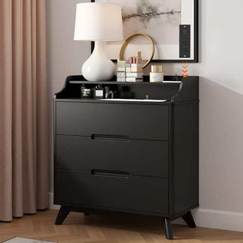 35" Large Night Stand with Charging Station, 3 Drawer Spacious Drawers | Top Open Shelves, Pre-Installed Slide, Wood Bedside Table, Modern End Table, Nightstand for Bedroom Sofa Couch,Black - color: Black, size: Large (3 drawer)