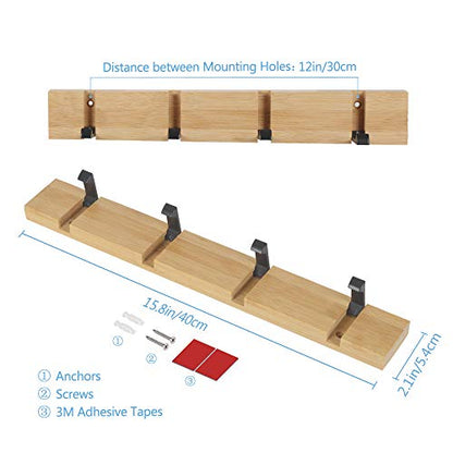 JSVER Wooden Coat Hooks Coat Rack Wall Mounted, Modern Coat Rack, Space-Saving Coat Hook with 4 Standard Retractable Hooks Hat Coat Hook for Entryway, Hallway, Bathroom, Living Room, Bedroom - size: 15.8 Inch 4 Hooks