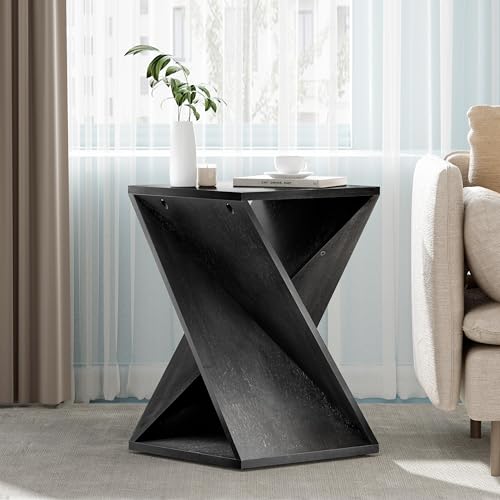 COZAYH Farmhouse Square Solid Wood Twisted Pedestal Side Table, Black | Modern Minimalist End Table Plant Stand for Living Room, Bedroom, Office, Rustic - color: Black