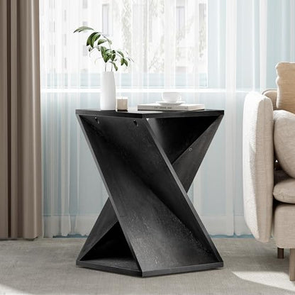 COZAYH Farmhouse Square Solid Wood Twisted Pedestal Side Table, Black | Modern Minimalist End Table Plant Stand for Living Room, Bedroom, Office, Rustic - color: Black