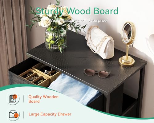 AODK Small Dresser for Bedroom with 4 Storage Drawers, Black | Dressers Chest of Drawers Fabric Dresser with Sturdy Steel Frame, Dressers for Closet with Wood Top - color: Black