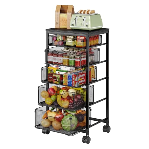 Kitchen Storage Cart with Drawer, 5-Tier Fruit Vegetable Storage Cart, Kitchen Organizer and Storage Cart with Wheels, Wooden Top Metal Wire Pantry Storage Cart rack for Fruit Snack Onion Potato - size: 5-Tier Black