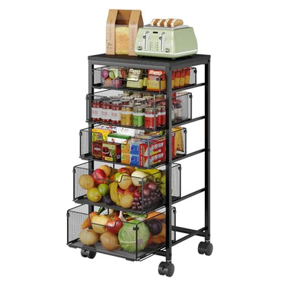 Kitchen Storage Cart with Drawer, 5-Tier Fruit Vegetable Storage Cart, Kitchen Organizer and Storage Cart with Wheels, Wooden Top Metal Wire Pantry Storage Cart rack for Fruit Snack Onion Potato - size: 5-Tier Black