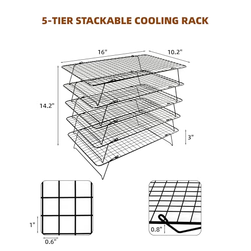 Cooling Rack 16"x10", 5-Tier Stackable & Collapsible Cooling Racks | Cooling Racks for Cooking and Baking, Roasting, Grilling, Oven & Dishwasher Safe (Black, 5-Tier) - color: Black, size: 5-Tier