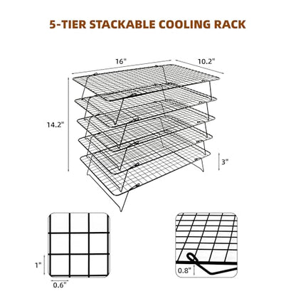 Cooling Rack 16"x10", 5-Tier Stackable & Collapsible Cooling Racks | Cooling Racks for Cooking and Baking, Roasting, Grilling, Oven & Dishwasher Safe (Black, 5-Tier) - color: Black, size: 5-Tier