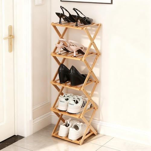 Bamboo Shoe Rack 5 Tier Foldable Shoe Rack for Entryway | Narrow Vertical Shoe Organizer Free Standing Shelf, Multifunctional Slim Storage for Bedrooms Living Room Corner, Wood Color