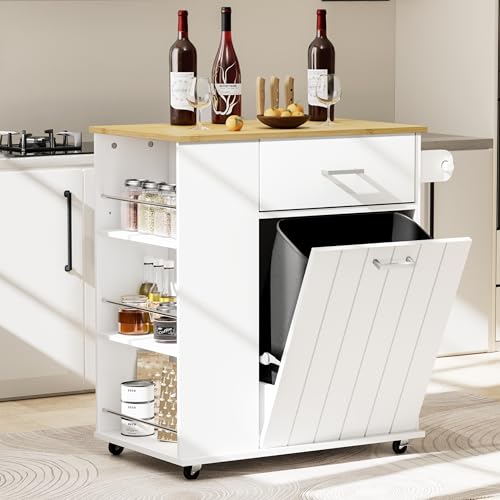 HQZX Rolling Kitchen Island with Trash Can Storage, Portable Kitchen Island on Wheels with Towel Rack & Spice Rack, Tilt Out Trash Can Cabinet with Drawer, Mobile Island Cart (White) - color: White