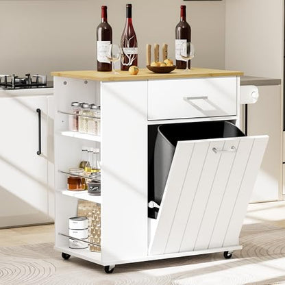 HQZX Rolling Kitchen Island with Trash Can Storage, Portable Kitchen Island on Wheels with Towel Rack & Spice Rack, Tilt Out Trash Can Cabinet with Drawer, Mobile Island Cart (White) - color: White
