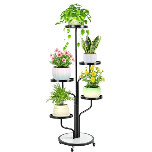 5 Tier Plant Stand with Wheels Outdoor Indoor Tall, Metal Flower Shelf for Garden, Patio, Window, Rolling Corner Rack for Displaying Multiple Plants, Black