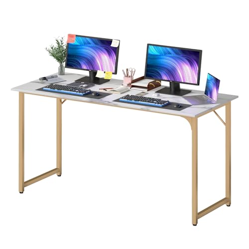 PayLessHere | 55 Inch Computer Desk | White Gold | Office Desk with Metal Frame, Adjustable Feet | Water-Resistant, Scratchproof Surface | Sturdy Writing Table for Home Office or Study | Pack of 1 - color: White Gold, size: 55 Inch