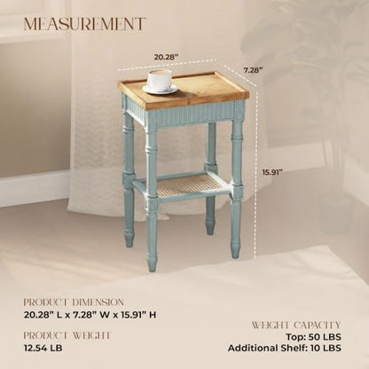 COZAYH End Table - Rustic Farmhouse Accent Table - Tray Top, Pale Mint Blue | Engineered Wood, 17 x 13 x 28.25 in, 35 lb Capacity, Rectangular Shape, Distressed Finish, Wicker Shelf, No Assembly Required - color: Mint, size: 1-Pack