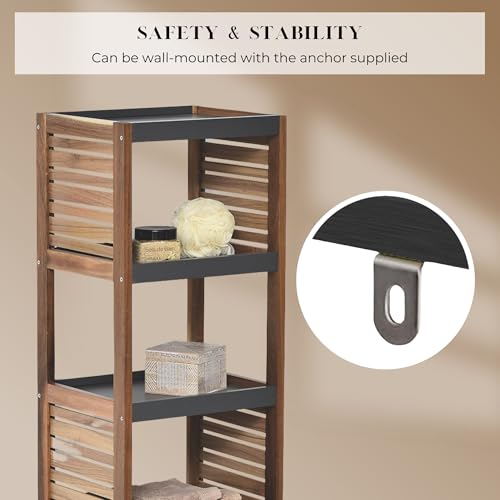 Brown-Gray Small Open-Shelf Storage Unit, 4-Tier, Vented, Freestanding | Space-Saving, Vented Design, MDF/Acacia Material, Compact Freestanding Unit, 4-Tier Open Shelves, Bathroom