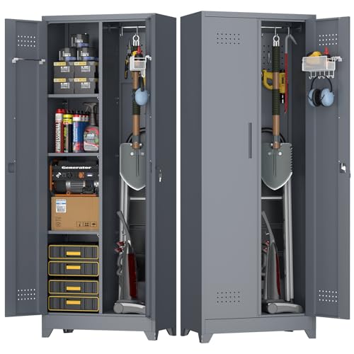 Broom Closet Storage Cabinet, Steel Locking Cabinet with Hanging Rod, 65" Cleaning Storage with Doors and Hooks, Tall Broom Tool Cabinets for Office, Garage - color: 65"h 2 Doors - Grey
