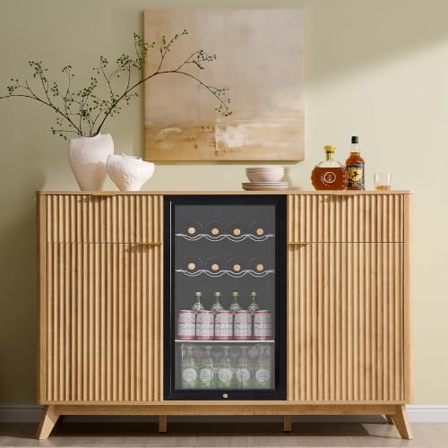 OKD 60" Fluted Coffee Bar Cabinet with Mini Fridge Space, Natural Oak | Mini Fridge Compatible, Built In Charging Station, 3 Stemware Racks, 2 Drawers, 2 Cabinets, Home Bar Cabinet Storage - color: Natural Oak