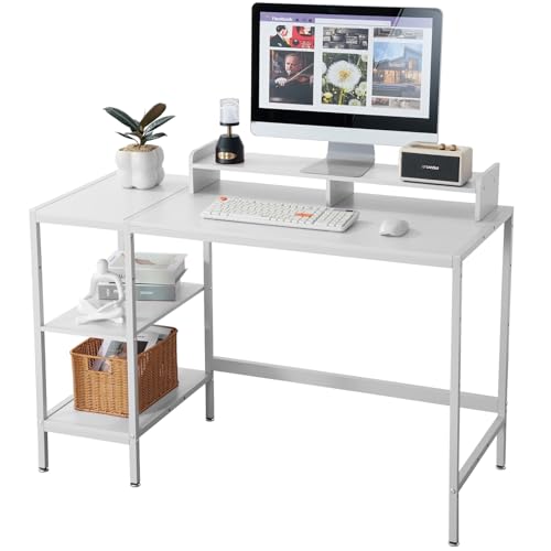 MINOSYS 47-inch Computer Desk with Storage Shelf - Ideal Gaming Desk for Bedrooms, Small Spaces, and Home Offices Modern Writing Desk for PCs,White Table. - color: Tx-white, size: 47 Inch