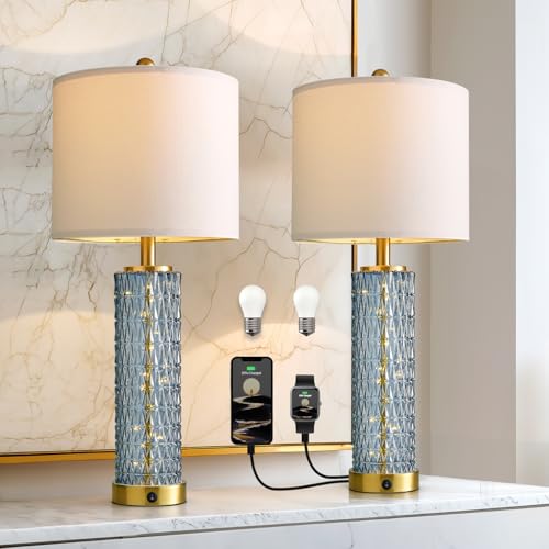 Oneach 27.75” Table Lamps Set of 2, Blue Modern Bedside Lamp with LED Night Light, USB A+C, Glass Lamps for Living Room, Bedroom, Nightstand, Office, End Table (2 Bulbs Included) - color: Blue - White Shade