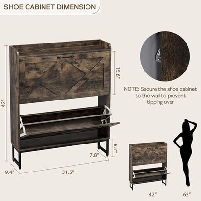 Nicetree Shoe Cabinet with 2 Flip Drawers, Entryway Organizer, Chestnut | Slim Wood Shoe Rack with Metal Legs, Farmhouse Shoe Cabinet Storage for Entryway, Foyer, Hallway, Shoe Dresser with Hook - color: Chestnut