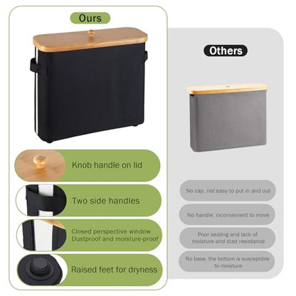 Bathroom Toilet Paper Storage Basket with Lid and Handle， Bamboo Collapsible Toilet Paper Holder Storage with Non-Slip Bottom ,Extra Toilet Roll Storage, Black