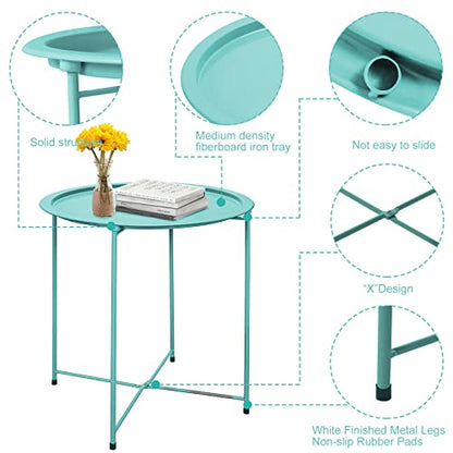Garden 4 you End Table Metal Side Table Green Round Folding Tray Cyan Sofa Small Accent Fold-able Table, Round End Table Tray, Next to Sofa Table, Snack Table for Living Room and Bed Room - color: Green