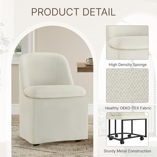 KISLOT Upholstered Dining Chairs Set of 2 with Casters, Modern Side Armless Deskchair with Washable Slipcover & Sturdy Metal Frame for Diningroom Bedroom Livingroom Reading Room, Beige Fabric - color: B Beige Fabric (Metal Frame), size: Set of 2